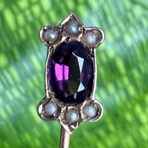 Antique 18k Gold Seed Pearl Purple Garnet Stick Pin 2.5" OOAK ~ READ